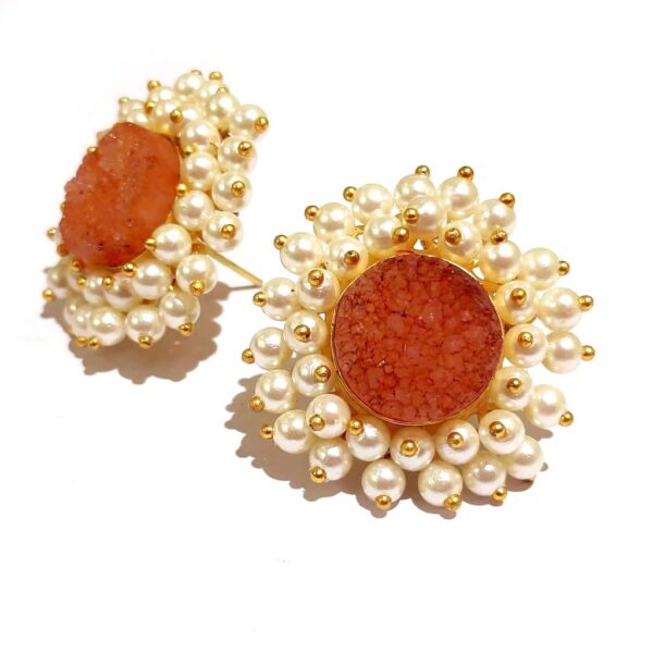 Round Orange Drusy Stud Fashion Earrings with Pearl Fringe Halo Side1