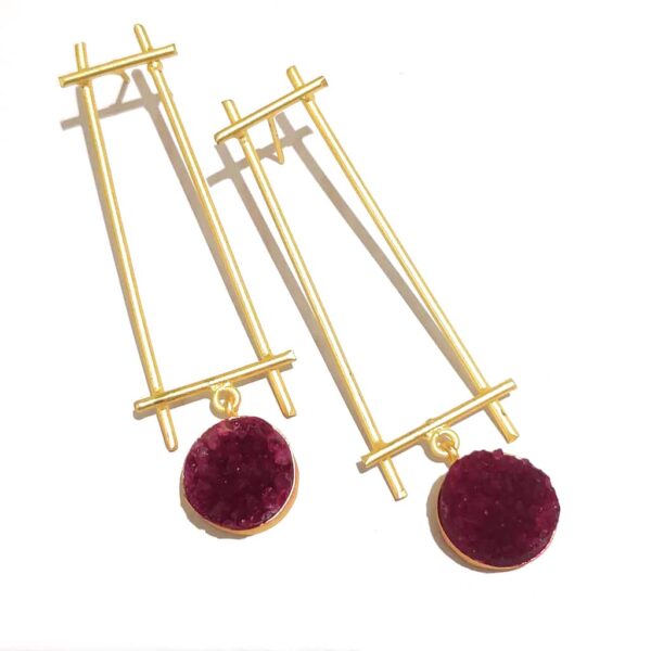 Minimal Fashion Earrings Red Druzy Hanging with Gold Plating