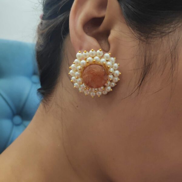 Round Orange Drusy Stud Earrings with Pearl Fringe Halo Body