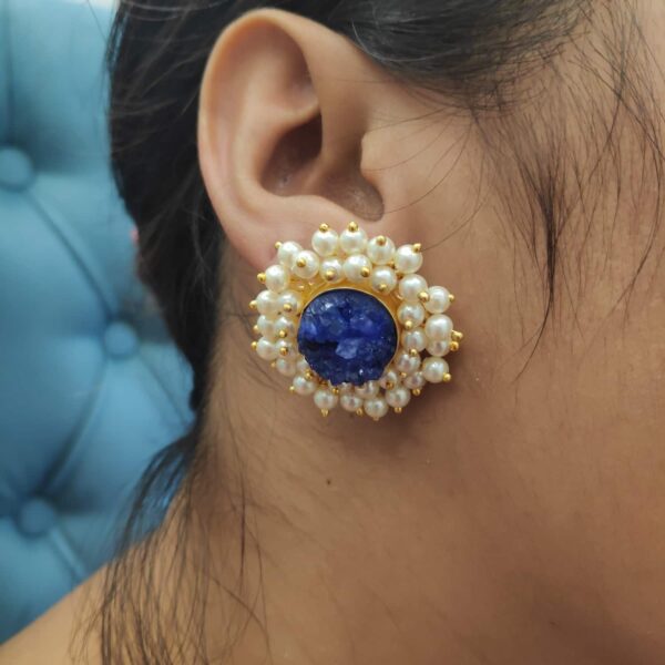 Round Purple Drusy Stud Fashion Earrings with Pearl Fringe Halo Body