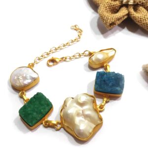 Blue and Green Druzy and Baroque Pearl Loose Bracelet on Side