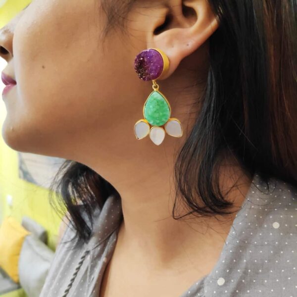 Pink and Green Floral Drusy Earrings with Shell Pearl Petals on Ears