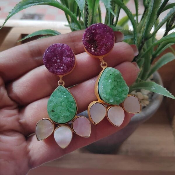Pink and Green Floral Drusy Earrings with Shell Pearl Petals in Hands