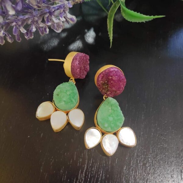 Pink and Green Floral Drusy Earrings with Shell Pearl Petals Side