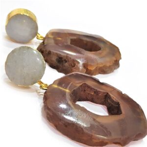 Chocolate Donut Brown Agate Dangler Earrings with White Top