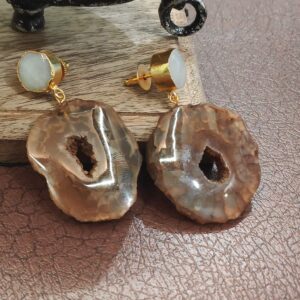 Chocolate Donut Brown Agate Dangler Earrings with White Top Side1