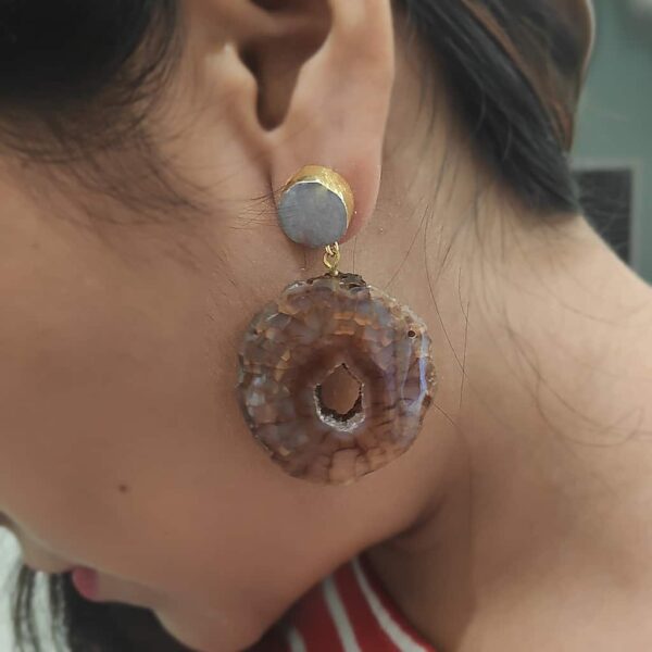 Chocolate Donut Brown Agate Dangler Earrings with White Top on Ears