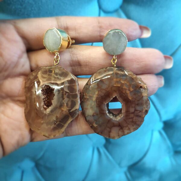 Chocolate Donut Brown Agate Dangler Earrings with White Top in Hands