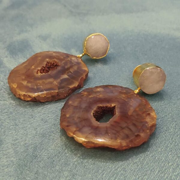 Chocolate Donut Brown Agate Dangler Earrings with White Top Side