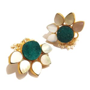 Lotus Stud Fashion Earring with Druzy and Shell Pearl