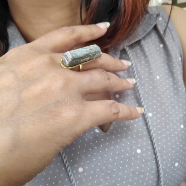 Gold Plated Raw Grey Agate Long Statement Ring Body1