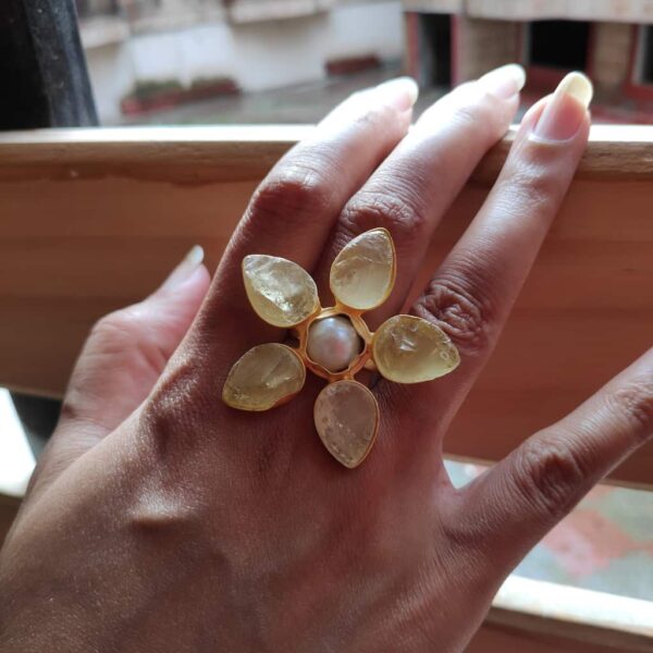Pastel Yellow Quartz Wildflower Gold Plated Cocktail Ring on Hand