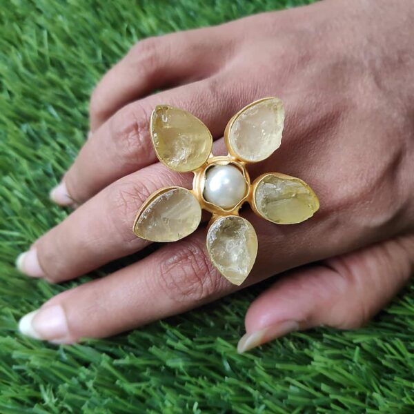 Pastel Yellow Quartz Wildflower Gold Plated Cocktail Ring on Hand1