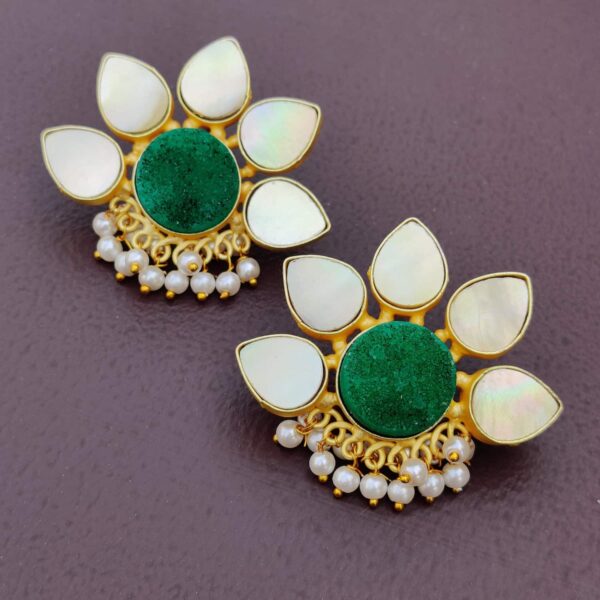 Lotus Stud Fashion Earring with Druzy and Shell Pearl Lifestyle 2