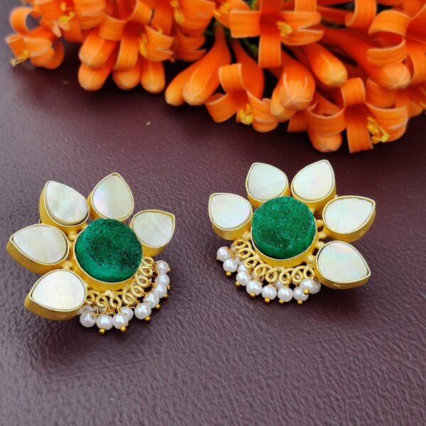 Lotus Stud Fashion Earring with Druzy and Shell Pearl Lifestyle 1