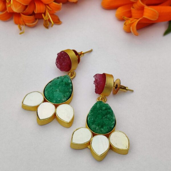 Pink and Green Floral Drusy Earrings with Shell Pearl Petals