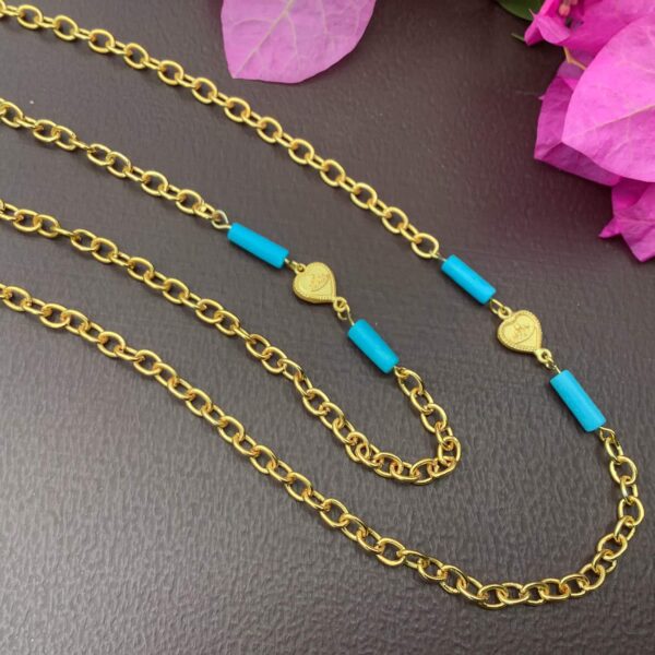 Gold-Plated Handcrafted 30 inch long Necklace cum Mask Chain with carved Turquoise