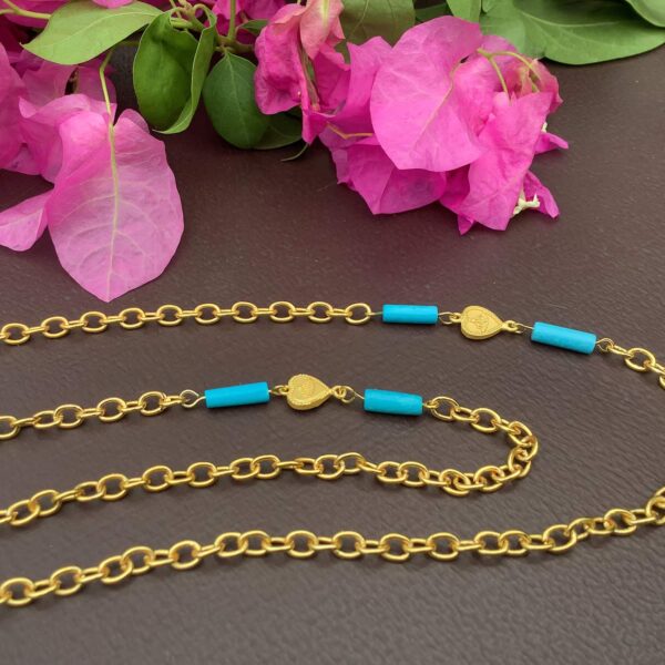 30 Inch 22K Gold-Plated Handcrafted Mask Chain with Turquoise as Necklace2