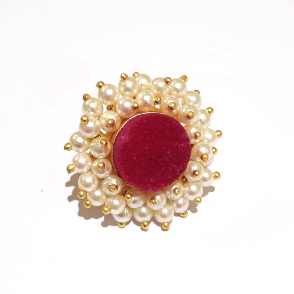 Rose Red Druzy Adjustable Ring with Halo of Pearl Fringe