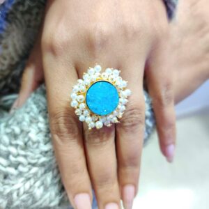 Blue Druzy Adjustable Ring with Halo of Pearl Fringe Hand