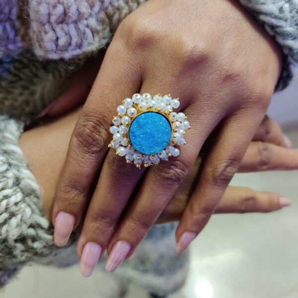 Blue Druzy Adjustable Ring with Halo of Pearl Fringe