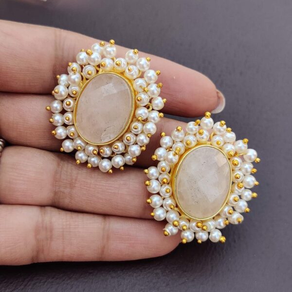 Dreamy Rose Quartz Pearl Fringe Halo Stud Earrings in Hand