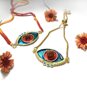 Evil Eye Red Blue Turquoise Rudraksh Rakhi Bhaiya Bhabhi Set Side