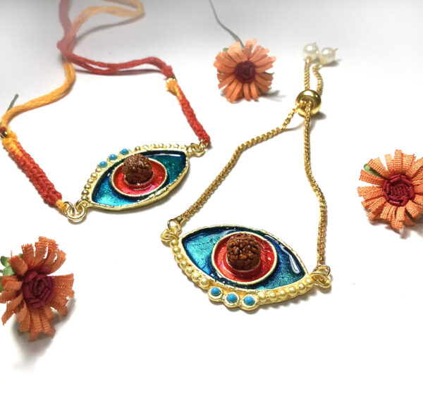 Evil Eye Red Blue Turquoise Rudraksh Rakhi Bhaiya Bhabhi Set Side