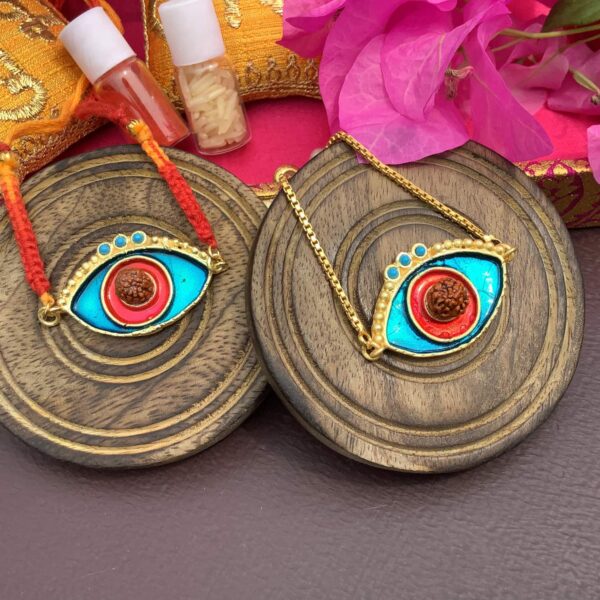 Evil Eye Red Blue Turquoise Rudraksh Rakhi Bhaiya Bhabhi Set Style