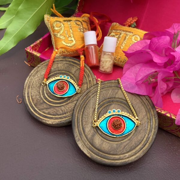 Evil Eye Red Blue Enamel Turquoise and Rudraksh Rakhi Bhaiya Bhabhi Set