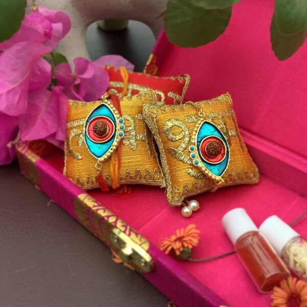 Evil Eye Red Blue Turquoise Rudraksh Rakhi Bhaiya Bhabhi Set Packaging