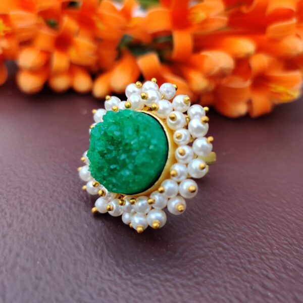 Green Druzy Adjustable Ring with Halo of Pearl Fringe