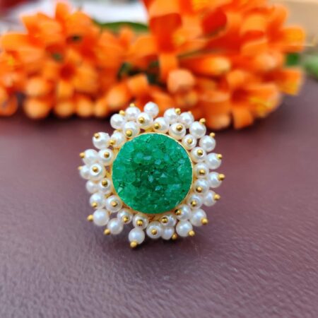 Green Druzy Adjustable Ring with Halo of Pearl Fringe