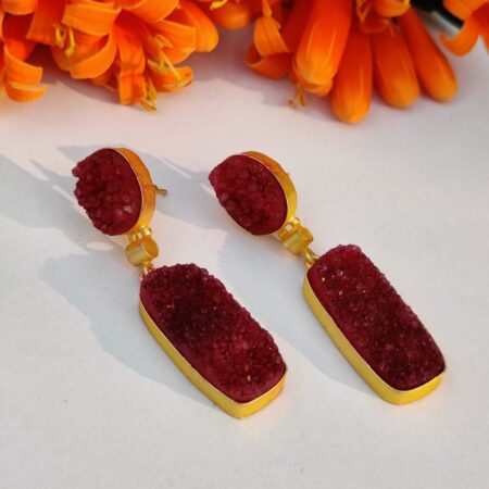 Magenta Sugar Crush All Druzy Dangle Gold Plated Earrings