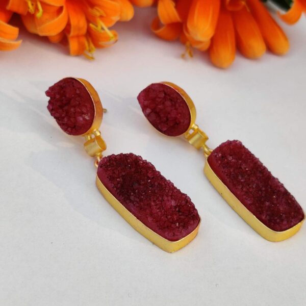 Magenta Sugar Crush All Druzy Dangle Gold Plated Earrings - Image 3