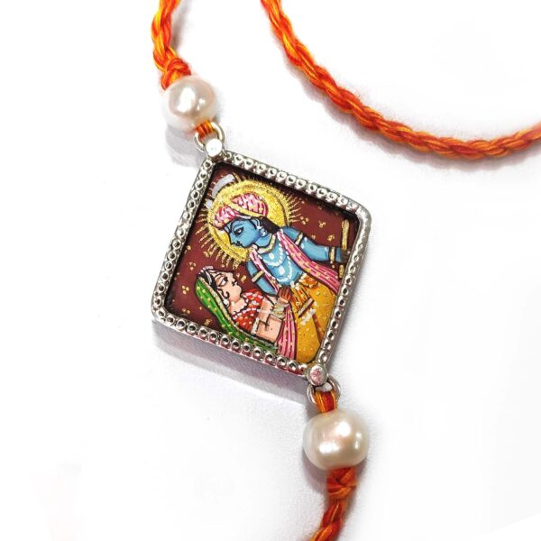 Miniature Hand Painted Krishna Rukmani Silver Rakhi Side