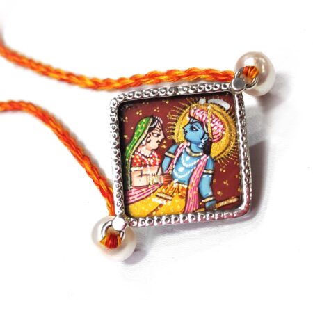 Miniature Hand Painted Krishna Rukmani Silver Rakhi