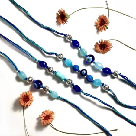 Set of 4 Natural Gemstone Evil Eye Blue Rakhi for Bhaiya  Set