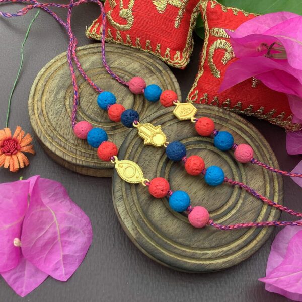 Natural Multicolor Lava and Gold Plated Charms Rakhi Combo Set of 3 Stylish