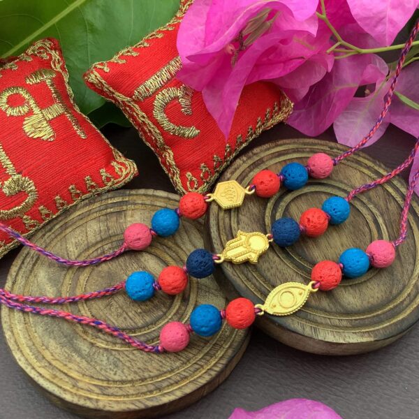 Natural Multicolor Lava and Gold Plated Charms Rakhi Combo Set of 3 Stylish 1