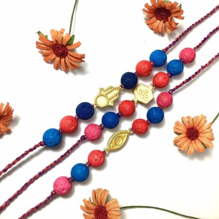 Natural Multicolor Lava and Gold Plated Charms Rakhi (Set of 3)