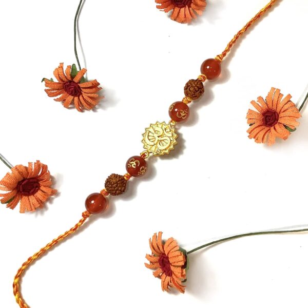 Natural Orange Gemstone Gold Plated OM and Rudraksha Rakhi Side