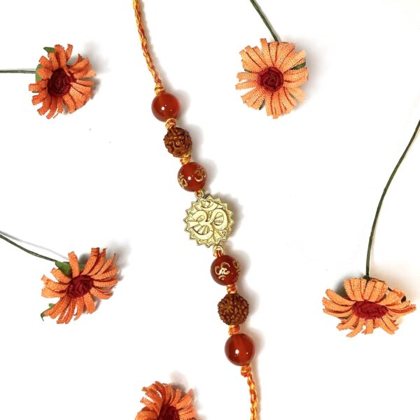 Natural Orange Gemstone Gold Plated OM and Rudraksha Rakhi Side2