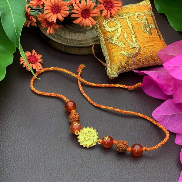 Natural Orange Gemstone Gold Plated OM and Rudraksha Rakhi Stylish 2