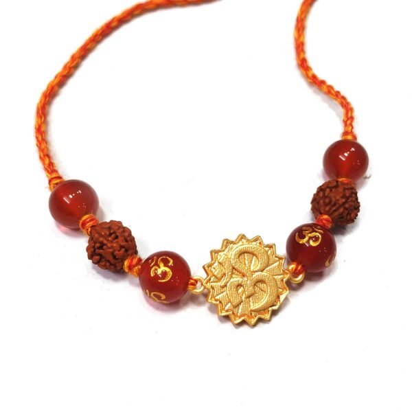 Natural Orange Gemstone Gold Plated OM and Rudraksha Rakhi