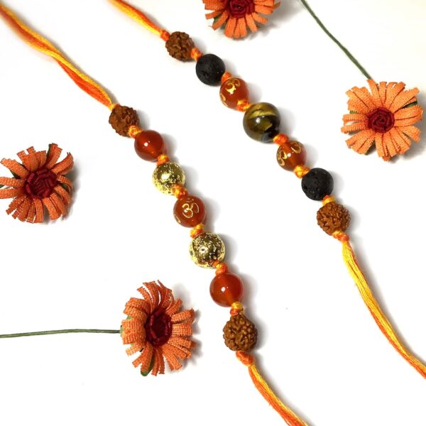 Natural Orange Onyx OM and Tigers eye with Rudraksha Rakhi Combo set of 2 for Bhaiya Image1