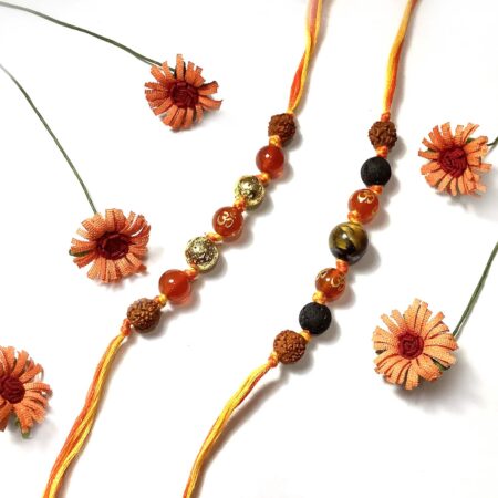 Natural Orange Onyx Om and Tigers eye with Rudraksha Rakhi Combo set of 2 for Bhaiya