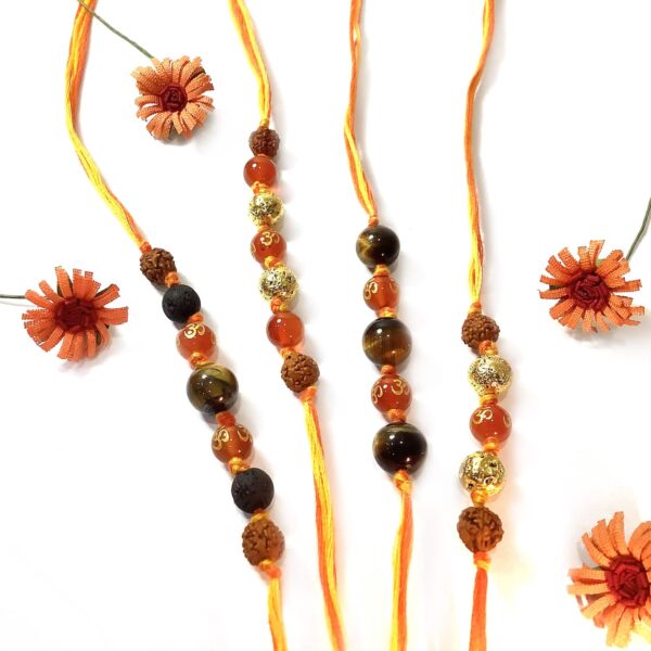 Natural Orange Onyx OM Lava and Tigers eye with Rudraksha Rakhi Combo Set of 4