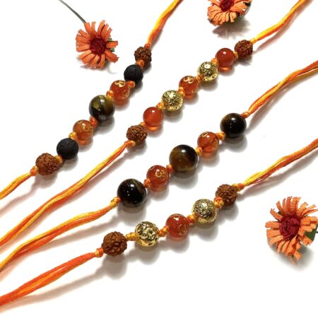 Set of 4, Natural Orange Onyx Om Lava and Tigers eye with Rudraksha Rakhi