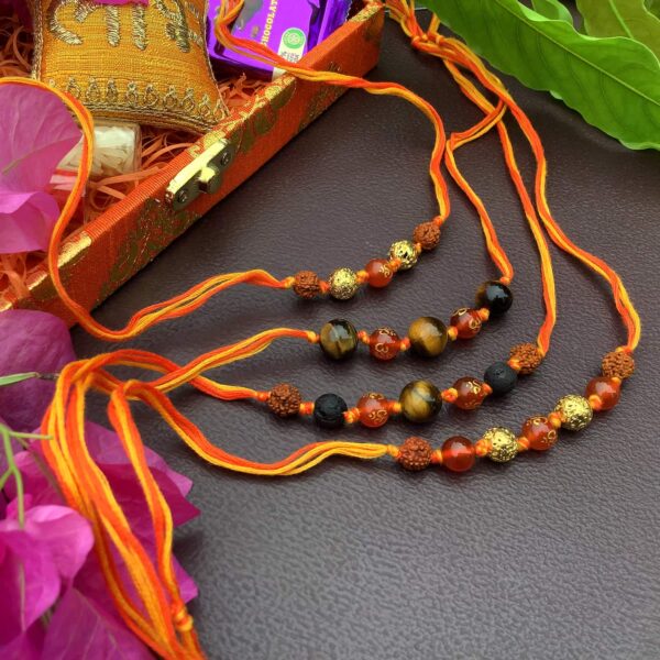 Natural Orange Onyx OM Lava and Tigers eye with Rudraksha Rakhi Combo Set of 4 Stylish1